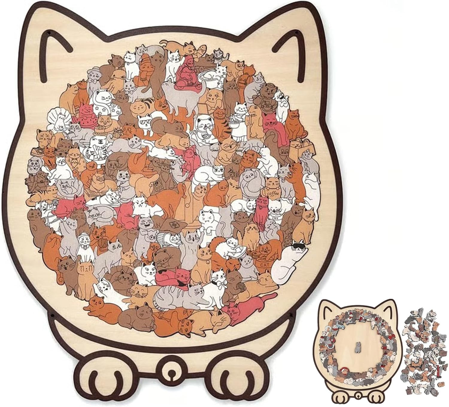Moderobot 135-piece Morandi-colored cat-shaped wooden puzzle, a