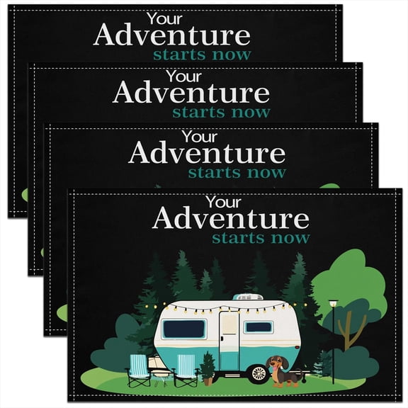 Moderong 4 Pcs of Camper Rv Placemats 12X18 Inch, Happy Camping Place Mats for Kids Youth Adults, Camping Travel Trailer Table Mats, Rustic Farmhouse Waterproof Placemats for Dining Table