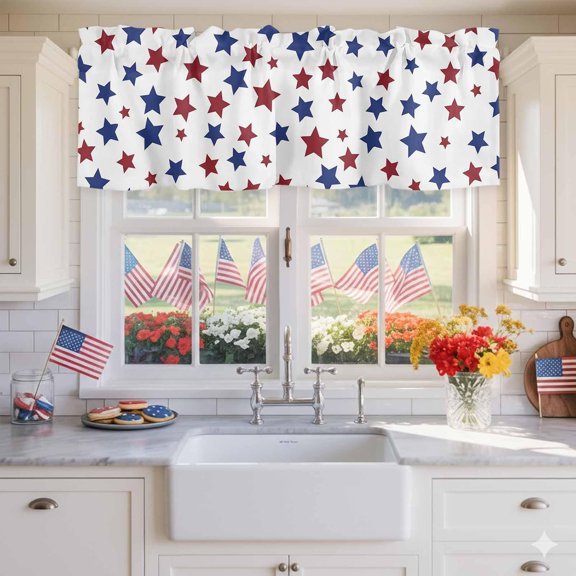 Moderong 4th of July Valance Curtains for Kitchen Window 54x18 Inch, Patriotic Stars Red Blue Independence Day Rod Pocket Small Curtain for Living Room Valances for Windows/Bathroom/Bedroom