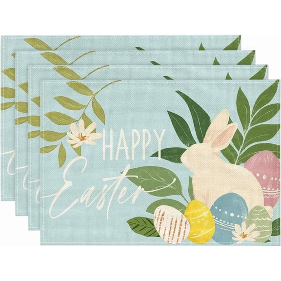 Moderong Blue Rabbit Bunny Eggs Flowers Easter Placemats Set of 4, 12x18 Inch Seasonal Spring Holiday Table Mats for Party Kitchen Dining Decoration