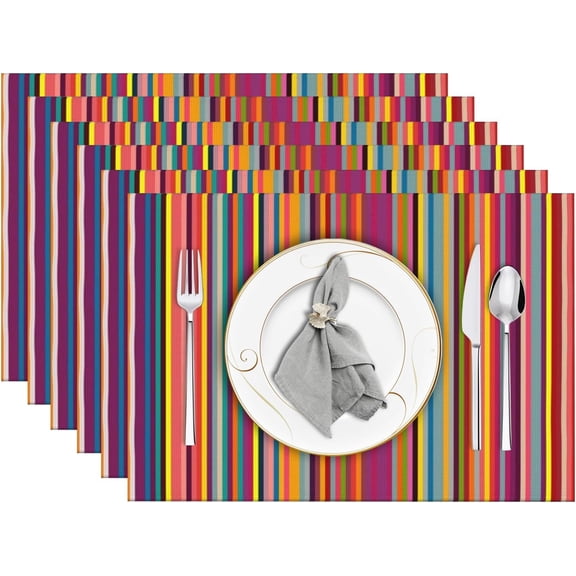 Moderong Bright Colorful Striped Placemats Set of 6, 12x18 Inch Rainbow Colored Geometric Pattern Table Mats for Holiday Party Kitchen Dining Room Decoration