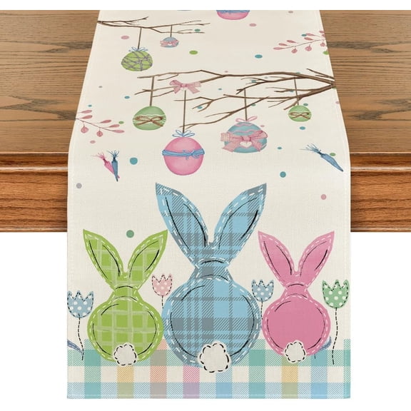 Moderong Buffalo Plaid Bunny Egg Carrot Easter Table Runner, Seasonal Spring Kitchen Dining Table Decoration for Home Party Decor 13x108 Inch