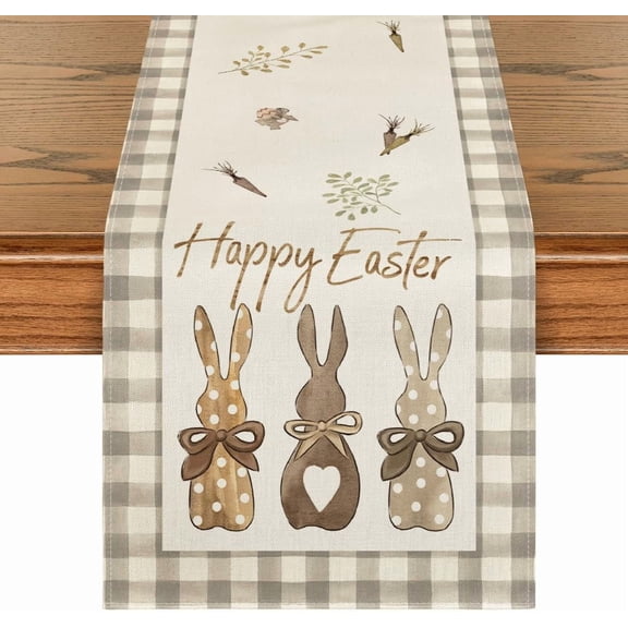Moderong Buffalo Plaid Bunny Rabbit Happy Easter Table Runner, Seasonal Spring Kitchen Dining Table Decoration for Home Party Decor 13x48 Inch