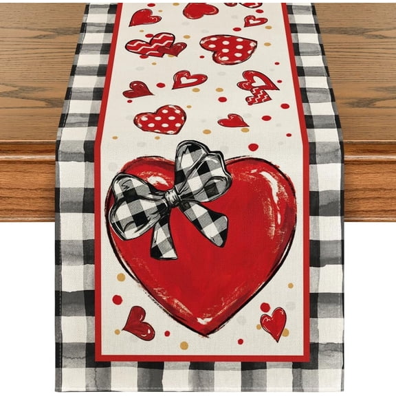 Moderong Buffalo Plaid Red Heart Bow Tie Valentine''s Day Table Runner, Seasonal Kitchen Dining Table Decoration for Home Party Decor 13x72 Inch