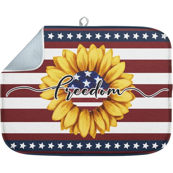 Moderong Dish Drying Mat, Sunflower 4Th of July Patriotic Fourth American Flag Usa Absorbent Microfiber Pad for Kitchen Counter Decor, Heat Resistant and Reversible, 16" x 18"