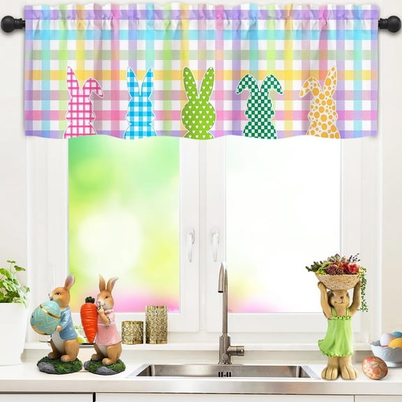 Moderong Easter Valances for Windows, Window Curtains Valances, Easter Plaid Kitchen Curtains, Window Treatments Drapes for Kitchen Bedroom Living Room Bathroom 54" W x 18" L, 1 Panel