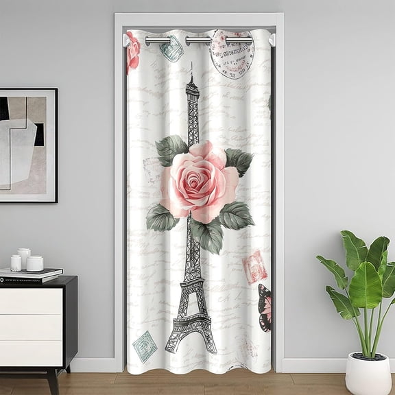Moderong Eiffel Tower Door Cover Curtain Pink Floral Butterfly Doorway Curtain Privacy 42x80 Inch 1 Panel Romantic Theme 30%-50% Blackout Curtain Paris Cityscape Printed Window Treatments
