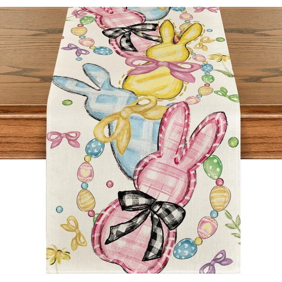 Moderong Floral Bow Bunny Rabbits Eggs Easter Table Runner, Seasonal Spring Kitchen Dining Table Decoration for Home Party Decor 13x108 Inch