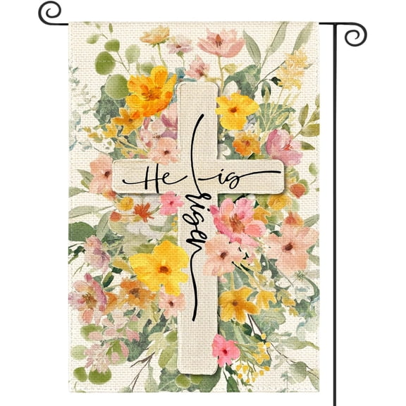 Moderong Floral Easter Garden Flag 12x18 Inch Double Sided Outside, He Is Risen Cross Flowers Yard Outdoor Flag