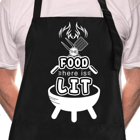Moderong Funny BBQ Black Chef Aprons for Men, The Food Here is Lit, Adjustable Kitchen Cooking Aprons with Pocket Waterproof Oil Proof Fathers Day/Birthday