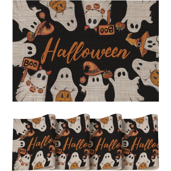 Moderong Ghost Halloween Plastic Placemats Set of 4, Washable Heat Resistant Non-Slip Woven Vinyl PVC Place Mats for Farmhouse Holiday Party Kitchen Dining Decor