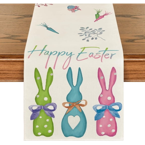 Moderong Green Blue Pink Rabbit Bunny Happy Easter Table Runner, Seasonal Holiday Kitchen Dining Table Decoration for Home Party Decor 13 x 36 Inch