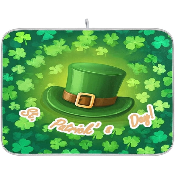 Moderong Green Hat and Shamrocks Dish Drying Mat Kitchen Counter Mat Draining Mat Kitchen Accessories Dish Rack Pad for Dishes, Utensils, Countertops, Sinks 18x24in