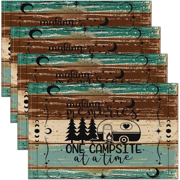 Moderong Happy Camper Place Mats,Camper Adventure Placemats 12X18,Rustic Barn Door Waterproof Placemats,Camper Rv Decor Table Mats for Dining Table,Retro Wooden Planks Placemats for Kitchen Table