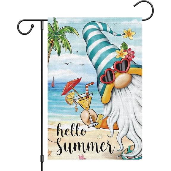 Moderong Hello Summer Gnome with Cocktail Garden Flag 12x18 Double Sided Burlap, Hawaii Tropical Beach Holiday Ocean Sea Welcome Flower Yard Banner for Seasonal Outdoor Party Decoration(ONLY FLAG)