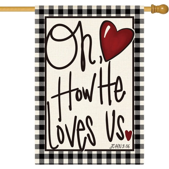 Moderong Oh How He Loves Us Valentine''s Day House Flag 28x40 Inch Outside Double Sided, Buffalo Plaid Rustic Yard Outdoor Decoration