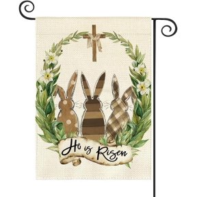 Moderong He is Risen Easter Garden Flag Bunny Cross Laurel Wreath 12.5 x 18 Inch Small Easter Yard Flag for Outside Double Sided Burlap Spring Holiday Outdoor Easter Decoration