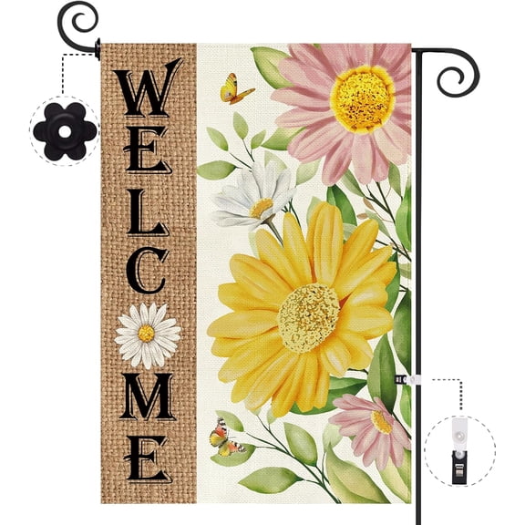 Moderong Spring Summer Garden Flag 12.5 x 18 Inch, Daisy Floral Double Sided Burlap Welcome Small Yard Flag Seasonal Holiday Lawn Proch Outdoor Outside Decor