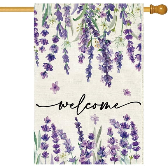 Moderong Spring Summer Welcome Floral House Flag 28 x 40 Inch Vertical Double Sided Burlap Lavender Purple Flower Farmhouse Easter Yard Flag Holiday Seasonal Yard Outdoor Outside Decoration