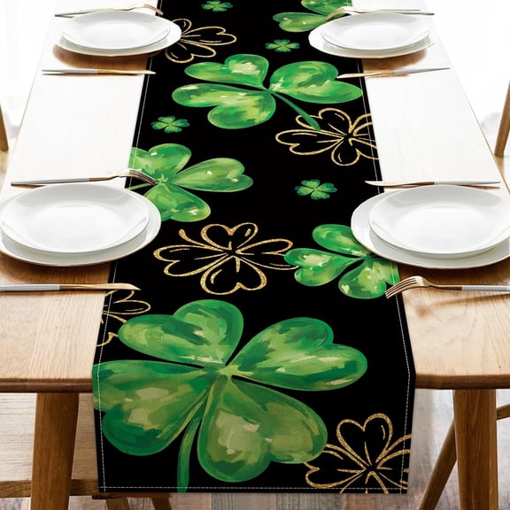 Moderong St. Patrick''s Day Black Table Runner, Gold Shamrock Clover Kitchen Dining Table Decor, Irish Spring Home Decoration Indoor Outdoor Party Supply 13 x 72 Inches