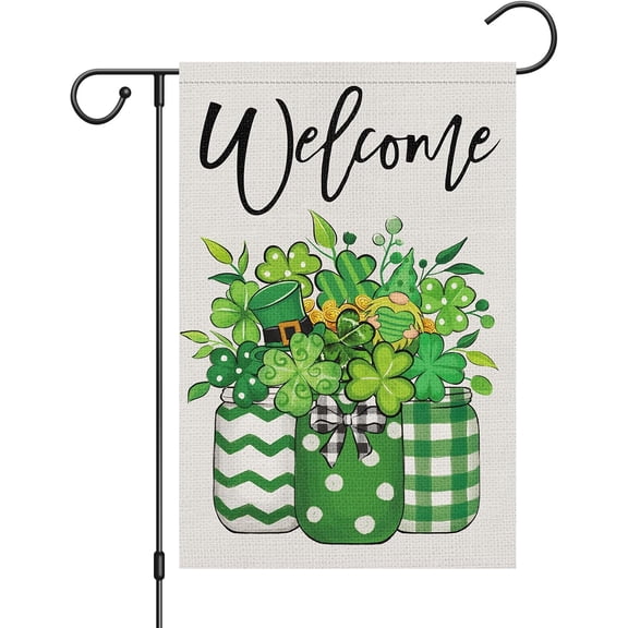 Moderong St Patrick''s Day Garden Flag Shamrock Clover Gnome Green Hat Welcomne 12x18 Inch Double Sided Small Burlap Saint Patricks Spring Holiday Yard Outdoor Flag House Decor (Only Flag)