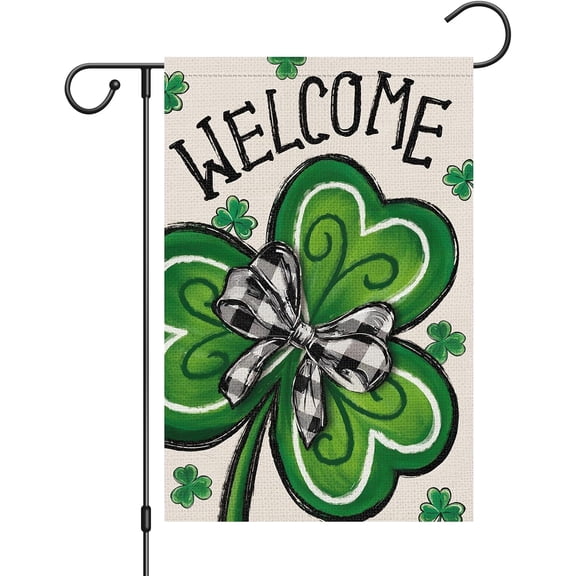Moderong St Patrick''s Day Garden Flag Welcome Shamrock Clover Buffalo Plaid 12x18 Inch Double Sided Small Burlap Saint Patricks Spring Holiday Yard Outdoor Flag Outside House Decor (Only Flag)