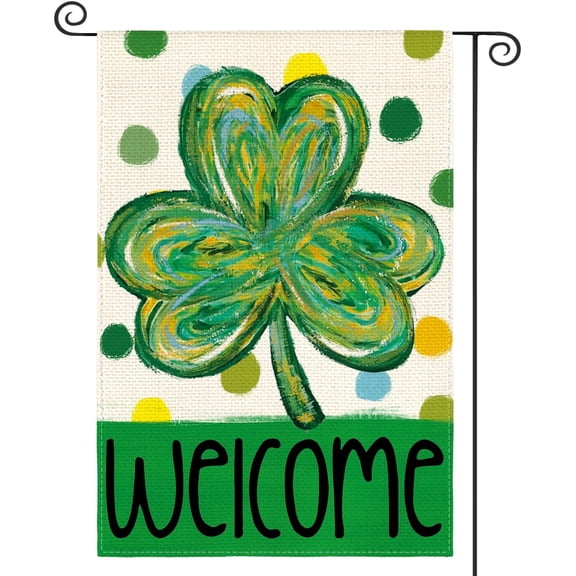 Moderong St Patricks Day Garden Flag 12x18 Inch Double Sided Outside, Shamrock Clover Polka Dots Welcome Yard Outdoor Flag