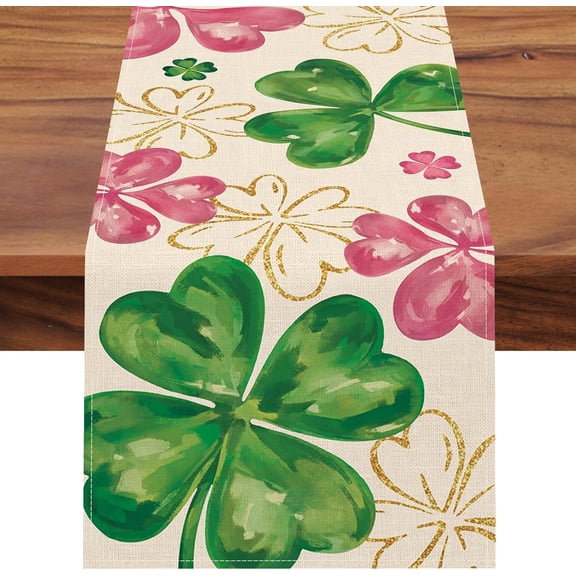 Moderong St Patricks Day Shamrock Table Runner, Pink Gold Lucky Clover Kitchen Dining Table Decor, Irish Spring Burlap Home Decoration Indoor Outdoor Party Supply 13 x 72 Inches