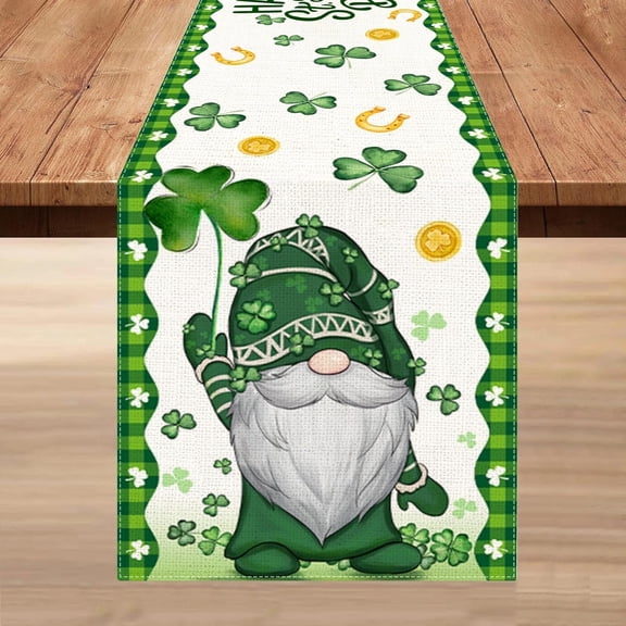 Moderong St Patricks Day Table Runner 13 x 108 Inch, St Patrick Green Gnome Buffalo Plaid Shamrocks Runners for Table Party Home Dinner Decor