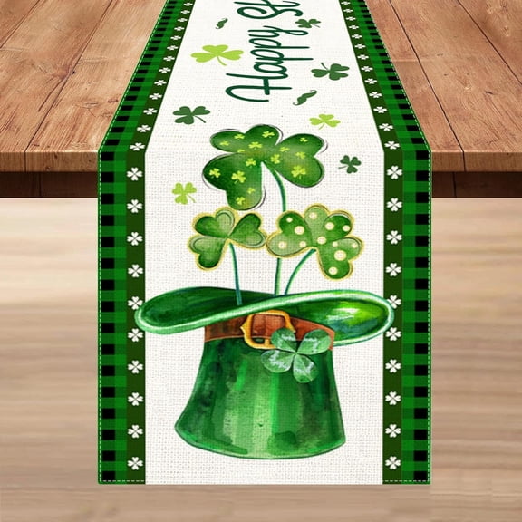 Moderong St Patricks Day Table Runner 13 x 72 Inch, St Patrick Green Buffalo Plaid Shamrocks Runners for Table Party Home Dinner Decor
