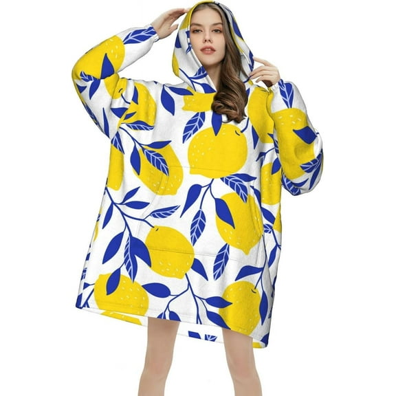 Moderong Tropical Leaves Pattern with Yellow Lemons Fruit Wearable Blanket Oversized Fluffy Blanket Hoodie for Adults Sweatshirt Sweater Blanket Hoodie