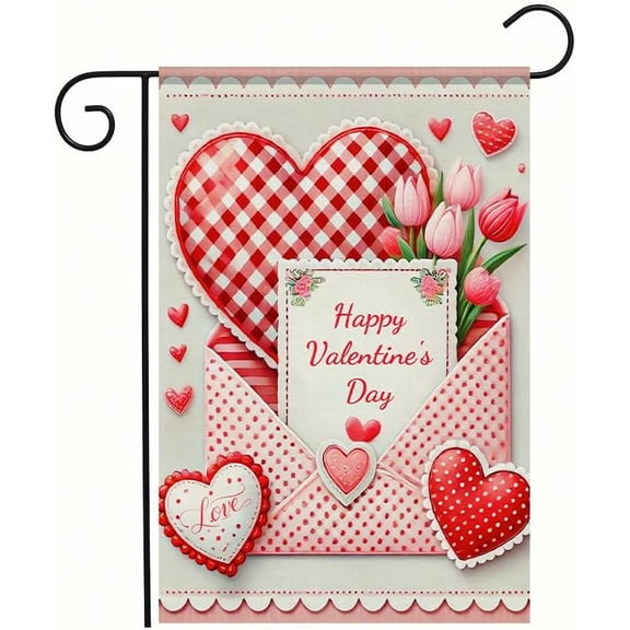 Moderong Valentine’s Day Garden Flag 12x18 Inch Double Sided Red Plaid Love Tulip Hearts Envelope Design Small Outdoor Yard Flag Romantic Love Banner for Porch Lawn Patio Spring Valentine Decor