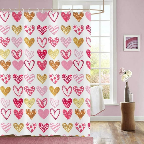 Moderong Valentine''s Day Shower Curtain, Weighted Bottom Romantic Love Theme Pink and Gold Doodle Style Little Heart Fabric Bathroom Curtain Home Decor Waterproof Washable with 12 Hooks,36"x72"