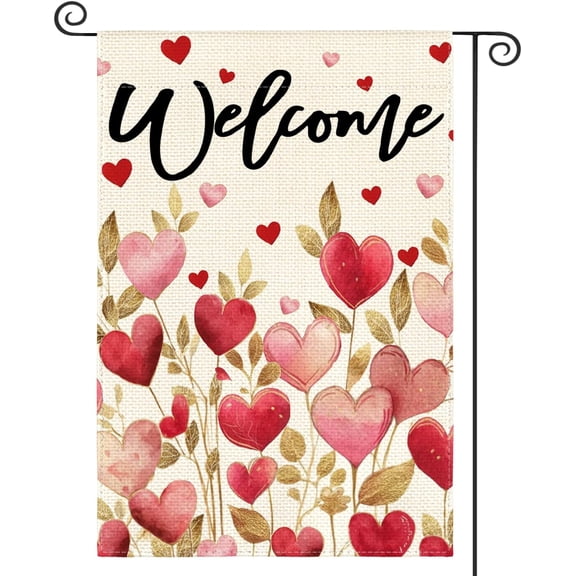 Moderong Valentines Day Love Hearts Garden Flag 12x18 Inch Double Sided Outside, Floral Welcome Anniversary Yard Outdoor Flag