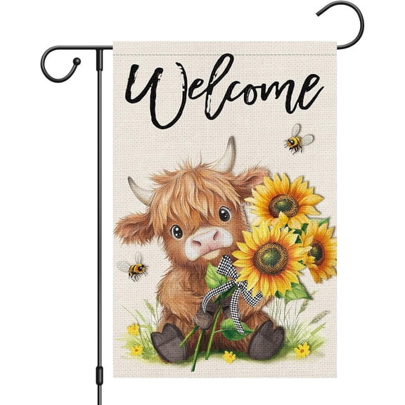 Moderong Welcome Summer Highland Cow Garden Flag 12x18 Double Sided Burlap Spring Flower Sunflower Bee Small Yard Banner for Rustic Seasonal Outside Outdoor House Decoration (ONLY FLAG)