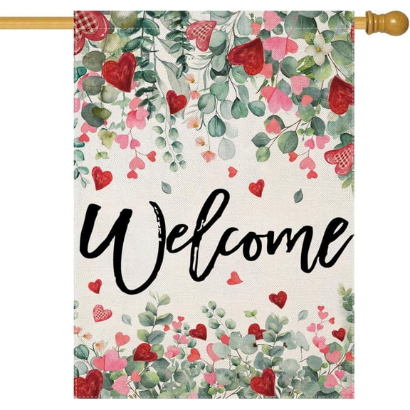 Moderong Welcome Valentines Day House Flags for Outdoor Decoration, Watercolor Lovely Flowers Large Yard Flag,Seasonal Decorative Decor for Holiday Anniversary Wedding Outside 28x40 Inch Double Sided