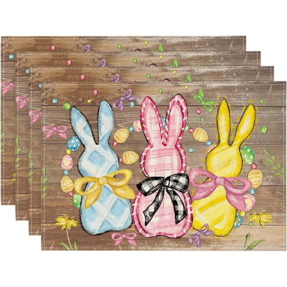 Moderong Wood Bunny Rabbits Eggs Easter Placemats Set of 4, 12x18 Inch Floral Bow Seasonal Spring Holiday Table Mats for Party Kitchen Dining Decoration