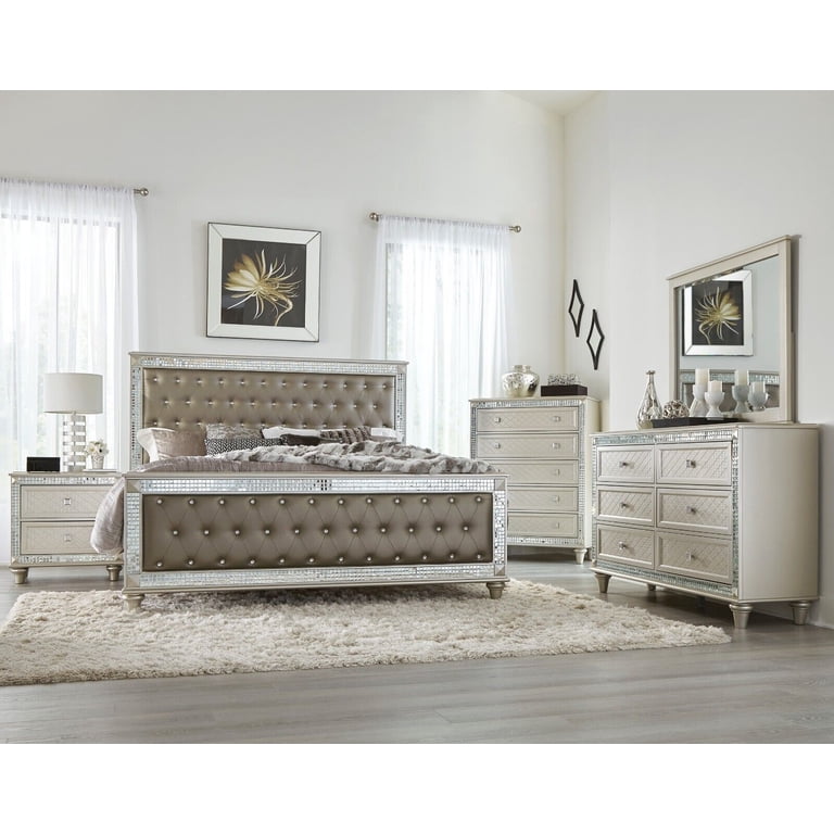 Modest Design 4pc Bedroom Set Queen Bed Dresser Nightstand Mirror Acrylic  Crystal Tufting Upholstered Headboard - Walmart.com
