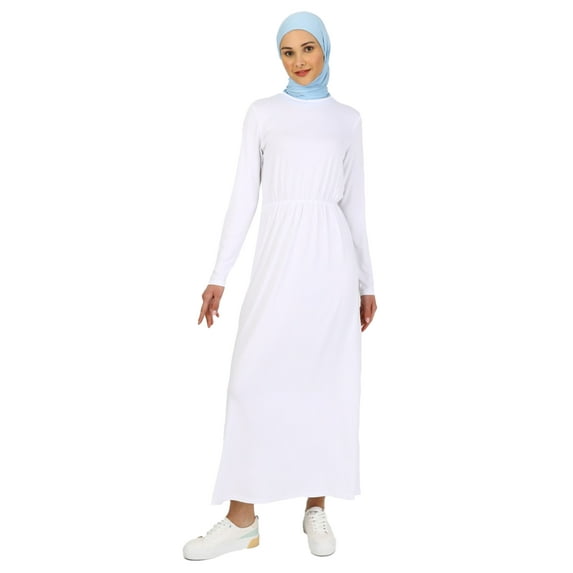 Modest Dress With Natural Fabric Elastic Waist White