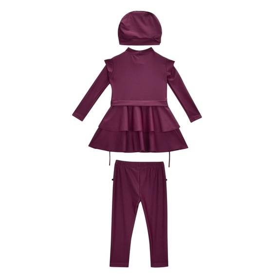 Modest Kids Swimsuit Three pieces Long Sleeve Top Pants Costume with Swim Cap Summer Triangle Swimwear Set for Kids Girl 6-7 Years