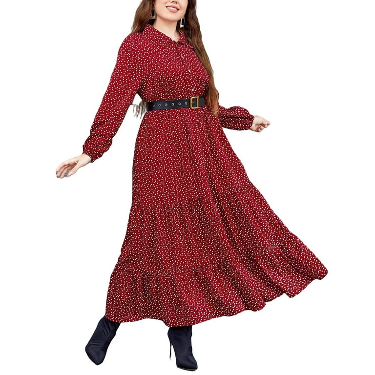 Modest Polka Dot Collar Shirt Long Sleeve Burgundy Plus Size