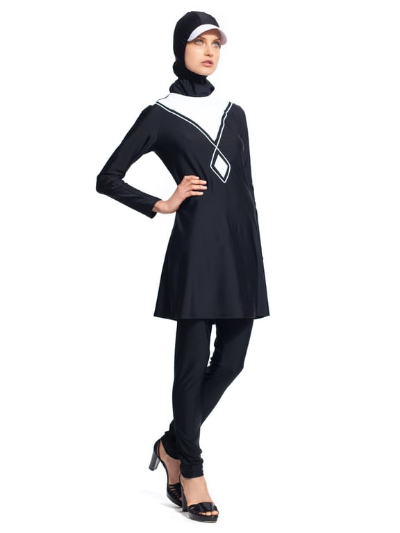 Lauren 3-Piece Swimsuit Burkini Set Medium Black & White