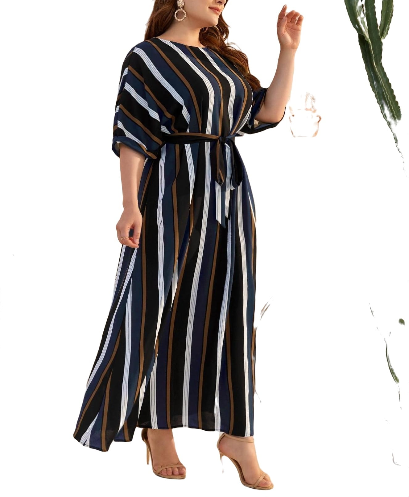 sukker direktør Berettigelse Modest Striped Round Neck Tunic Elbow-Length Multicolor Plus Size Dresses  (Women's) - Walmart.com