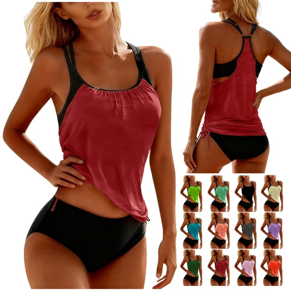 Modest Swimsuits for Women Two Piece Summer Beach Athletic Bathing Suits Racerback Padded Tankinis with Briefs with Drawstring Side Red Swimsuit Sets,Size S-2XL