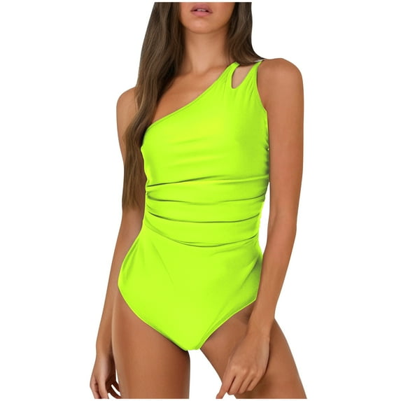Modest Swimsuits for Women Women Oversized Sleeveless Solid Color Swimsuits One Shoulder Double Straps Sleeveless Swimwear Yellow,S