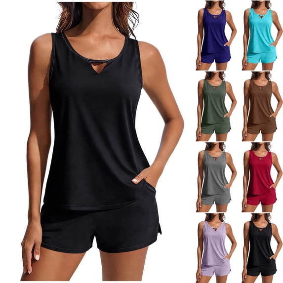 Modest Tankini Swimsuits for Women Two Piece Athletic Womens Bathing Suits Tank Tops with Board Shorts Pockets Loose Split Swimsuit