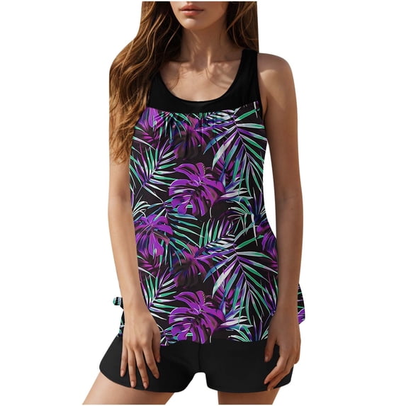 Modest Tankini Swimsuits for Women, Two Piece Athletic Womens Bathing Suits Tropical Prints Blouson Tank Tops with Board Shorts
