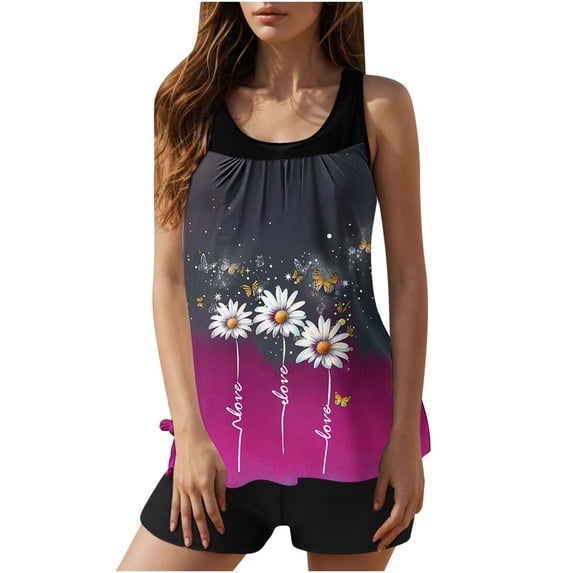 Modest Tankinis for Women 2 Piece Tankini Swimsuits Set Beach Vacation Floral Tank Tops Bathing Suits(Hot Pink 2XL)