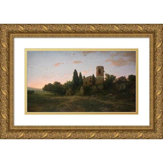 Modest Urgell 14x10 Gold Ornate Wood Frame and Double Matted Museum Art Print Titled - The Bell for Prayer (circa 1876)