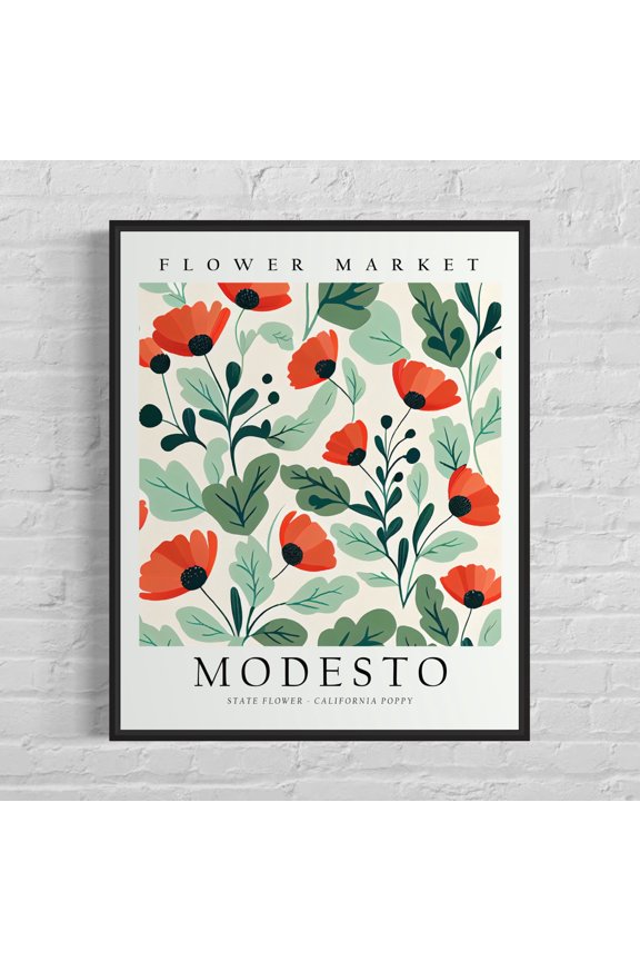 Modesto California Flower Market Art Print, California Poppy Botanical Artwork